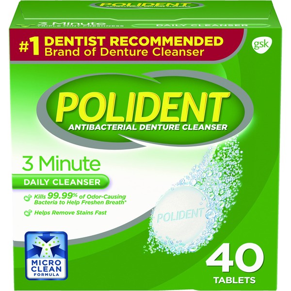 Polident 3 Minute Antibacterial Denture Cleanser Tablets - 40 ct, Pack of 2