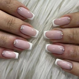 Pink French Press on Nails Medium Aritifical Square Fake Nails Rhinestones Design White Nail Tip Arcylic False Nails Full Cover Reusable Coffin Nails Nature Fit Stick on Nails Glue on Nails for Women