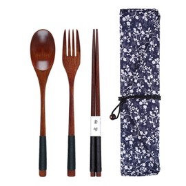 GLYY Environmental Spoons Forks Chopsticks Set of 4, Long Handle, Solid Wood, Convenient for Adults and Children, Storage, Excursions, Camping, Outdoors, Climbing, Fishing, Travel Supplies, School