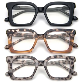 KoKoBin 3 Pack Stylish Square Frame Oprah Style Reading Glasses for Women, Blue Light Blocking Comfortable Readers +3.5