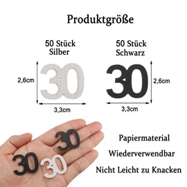 ParPix Konfetti 30 Geburtstag Deko Groß 3,3x2,6cm, 100 Stück Deko 30 Geburtstag Frauen Männer Tischdeko, 30er Konfetti Geburtstag (Schwarz, Silber), Tischdeko 30 Geburtstag Frau, 30. Geburtstag Deko