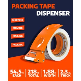 Clear Packing Tape with Dispenser 1.88 inch - Metal Strong & Durable Heavy Duty Packing Tape with Dispenser - Strong Strapping Tape with Dispenser Easy Tear & Seal - 4 Rolls / 2 Dispenser / 218 Yards