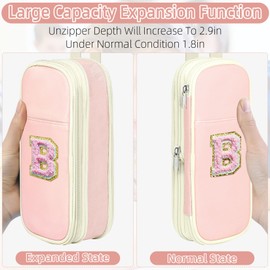 Preppy Pencil Case for Girls, Large Initial Pencil Pouch for School Supplies, Portable Pink Pencil Bag with Zipper, Cute Aesthetic Pencil Box, Compartments Stationary Organizer for Kids Teens Adults