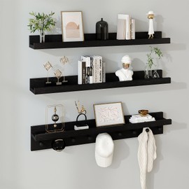 MBYD Black Picture Wood Ledge Shelf with Hooks, 24 Inch Floating Wall Shelves Nursery, Mounted Bookshelves Kids Room, Bedroom, Living Room, Kitchen, Bathroom Set of 3