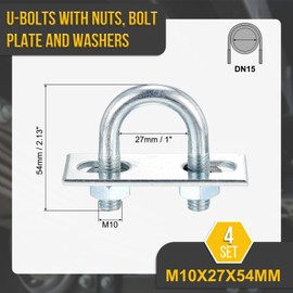DTGN M10x27x54mm U Bolts Round Kit - 4Set - Carbon Steel U-Bolt Kit with Nuts, Washers, Frame Plate - Good for DN15 Pipe, Trailer, Automotive, Leaf Spring Fastener