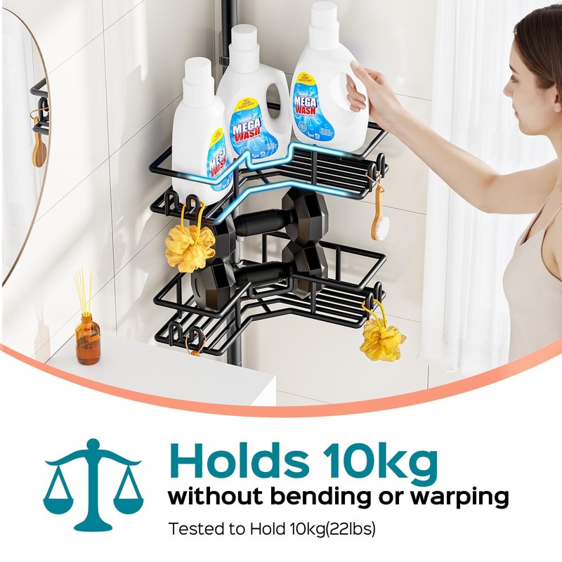 Shower Caddy Tension Pole: 4-Tier Adjustable Corner Organizer Black