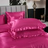 Herside Satin Hot Pink Ruffle Comforter Set with Sheet Set
