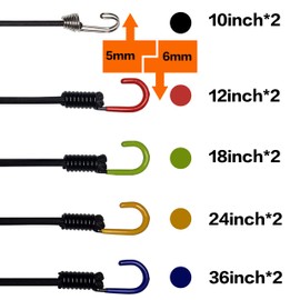 YELIER Bungee Cords with Hooks (Polypropylene PP, 6-Piece Set), 12" 18" 24" 36" * 1pcs for 6mm Heavy Duty Bungee Cord and 10" *2pcs for 5mm Mini Bungee Cords, Multifunctional Bungee Cord with Hooks.