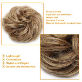 S-noilite Hair Bun Extensions Messy Wavy Curly Dish Donut Scrunchie Hairpiece Accessories Chignons Updo Ponytail Pony Tail Synthetic Hair Extension for Women Girl -1 Piece 40G Light Brown & Ash Blonde