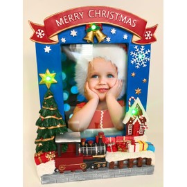 3MAZINGS Christmas Train Picture Frame 5x7 Photo Frames Light Up Pictures Xmas Holiday Seasonal Large Resin LED Lighted Photos Season 2022 Family