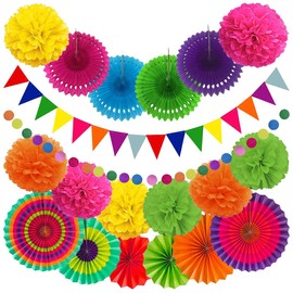 LEAO Pack of 20 Fiesta Party Decoration, Mexican Decoration, Hanging Paper Pompoms, Hanging Fans, Banner, Bunting, Bunting, Round Dots Garland for Party, Wedding, Birthday, Festival, Christmas