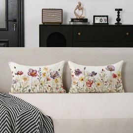 TAJWE Spring Pillow Covers 12x20 Inch Set of 2 Wildflowers Plant Decorative Pillowcases Farmhouse Summer Seasonal Floral Lumbar Cushion Cases for Sofa Couch Home Decor