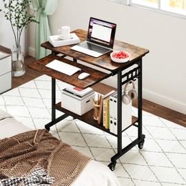 Moccha Rolling Computer Desk, Mobile Computer Desk with Keyboard Tray, Portable Laptop PC Desk Open PC Stand, 3 Earphone Hooks, Wooden Computer Cart for Office, Home
