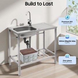 Stainless Steel Outdoor Sink with Hose Hook Up, Freestanding Single Bowl Utility Sinks with Hot & Cold Faucet, Outdoor Sink Station with Storage Shelf for Backyard, Restaurant, Kitchen
