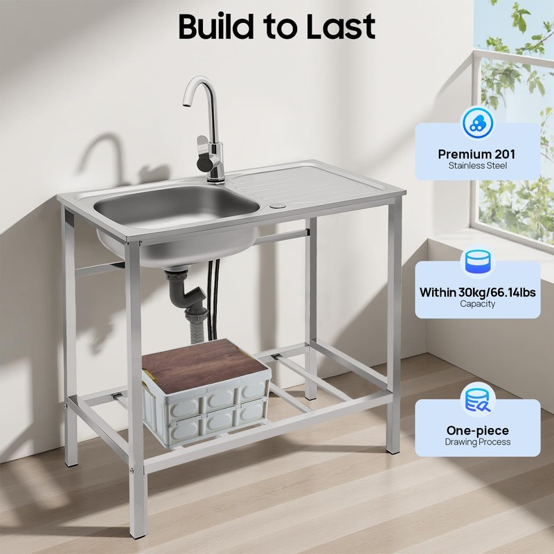 Stainless Steel Outdoor Sink with Hose Hook Up, Freestanding Single