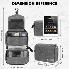 Simpolor Toiletry Bag, Hanging Toiletry Bag for Women, Waterproof Travel Toiletry Organiser with Sturdy Hook, Compact Portable Cosmetic Bag for Men and Women, Bathroom Storage Bag, gray