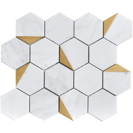 NBG-1 3“ Hexagon White and Gold Metal Stainless Steel Polished Marble Tile (1 Sheet)