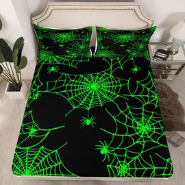 Feelyou Cartoon Cobweb Bat Sheet Set Twin, Fluorescent Green Cobweb Sheets with Deep Pocket Fitted Sheet Horror Theme Bed Sheets Set for Kids Boys Girls Spider Print Bedding Set Kawaii 3Pcs