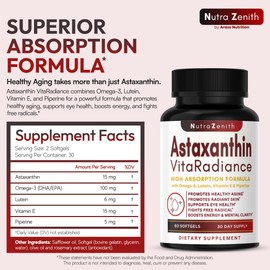Nutra Zenith Astaxanthin VitaRadiance - 15mg Pure Astaxanthin with Omega-3, Lutein, Vitamin E & Piperine - High Absorption Formula - Skin, Eye & Energy Support - 60 Softgels
