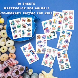 Watercolor Ocean Animals Temporary Tattoos for Kids - 60 PCS Sea Creature Tattoos for Boys Girls Ocean Birthday Party Favors Party Supplies Goodie Bag Stuffers