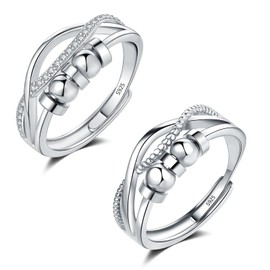 Loutade Silver Anxiety Rings, 2PCS 925 Sterling Silver Fidget Rings Set, Silver Anti-Anxiety Rings with Beads Spinner Ring, Adjustable Open Fidget Spinner Rings, Infinity Stress Worry Rings for Women