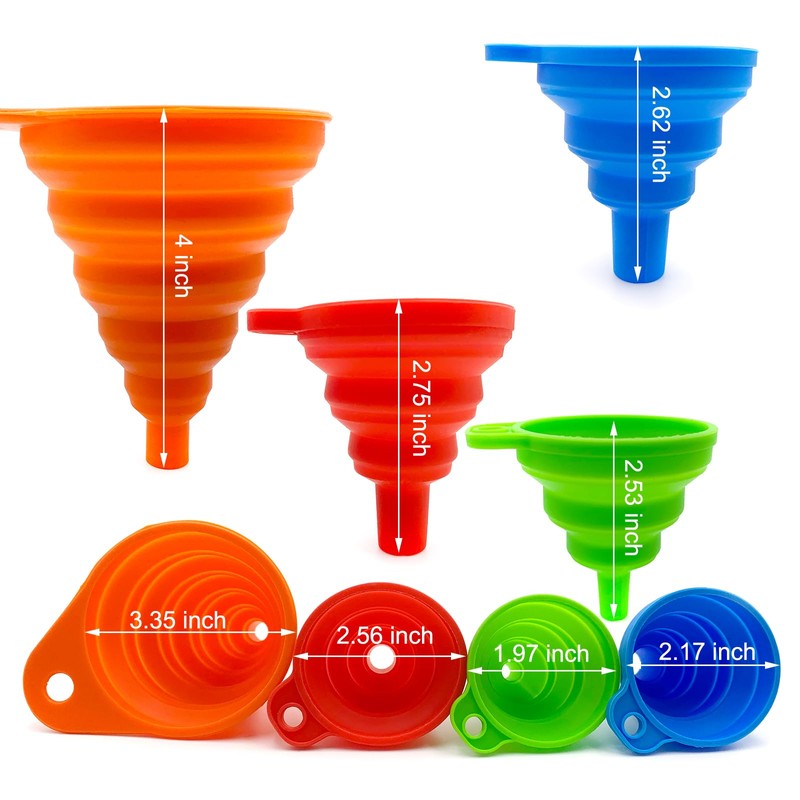 Qgond 4-Pack Collapsible Silicone Kitchen Funnel Set | Small &