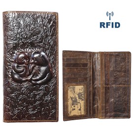 AurexaFashion Genuine Leather Bifold Long Wallet for Men, Retro Vintage Embossed Clutch with Zipped Coin purse & Credit card Slots. RFID Blocking. Panda- Coffee