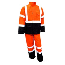 (Set of 2) Troy Safety RW-CLA3-OR33 Class 3 Rain Suit, Jacket, Pants with High Visibility Reflective Tape, Black Bottom, Orange - L