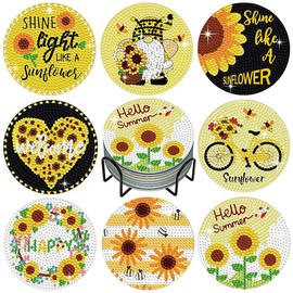 Diamond Painting Coasters, 8 Pieces Diamond Art Coasters, DIY Diamond Painting Kit with Holder for Beginners, Adults & Children Craft Supplies, Gift for Birthday and Family (Sunflower)