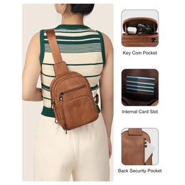 FADEON Sling Bags for Women Crossbody Bags, Designer PU Leather Sling Purse Multi-Pocket Packs with Card Slot Purse Brown