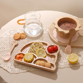 Bamboo Suction Plates Bowls Set for Baby Toddler - Includes Bamboo Bowl, Divided Plate, Silicone Fork & Spoon, All-Natural Baby Feeding Set for Baby-Led Weaning