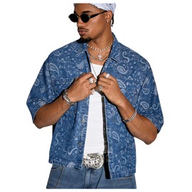 GORGLITTER Men's Paisley Print Button Up Denim Jacket Half Sleeve Pocket Patched Shirts Blue Large