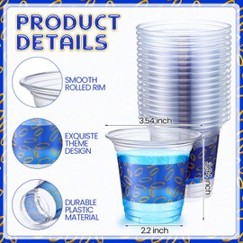 LemonRoad 100 Pcs Blue and Gold Rings Plastic Cup 12oz Clear Disposable Cartoon Cups Cold Beverage Drinking Container for Birthday Holiday Video Game Party Decorations Supplies