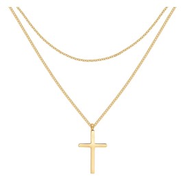 Happiness Boutique Women's Cross Necklace in Gold Colour Delicate Multi-Row Chain with Cross Pendant Stainless Steel Jewellery, Gold Stainless Steel