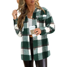 PRETTYGARDEN Women's Fall Clothes Plaid Shacket Jacket Trendy Casual Long Sleeve Button Down Flannel Shirts Fashion Blouse (Plaid Dark Green White,Small)