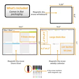 JJPRO Magnetic Dry Erase Chore Chart and Weekly Calendar Set for Fridge-Chore Chart for Multiple Kids,Weekly Planner Board,Behavior Chart for Multiple Kids,Reward Chart,Bonus to-do Whiteboard