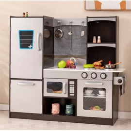 Costzon Kids Kitchen Playset, Wooden Toddler Kitchen Toy Set with Realistic Sound, Microwave, Oven, Refrigerator, Chalkboard & Towel Rack, Pretend Play Kitchen, Gift for Boys Girls (Coffee)