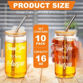 Inbagi 10 Sets Employee Appreciation Gifts 16 oz Inspirational Glass Drinking Cups with Lids Straws Thank You Gifts for Team Coworker Housekeeping Staff Teacher
