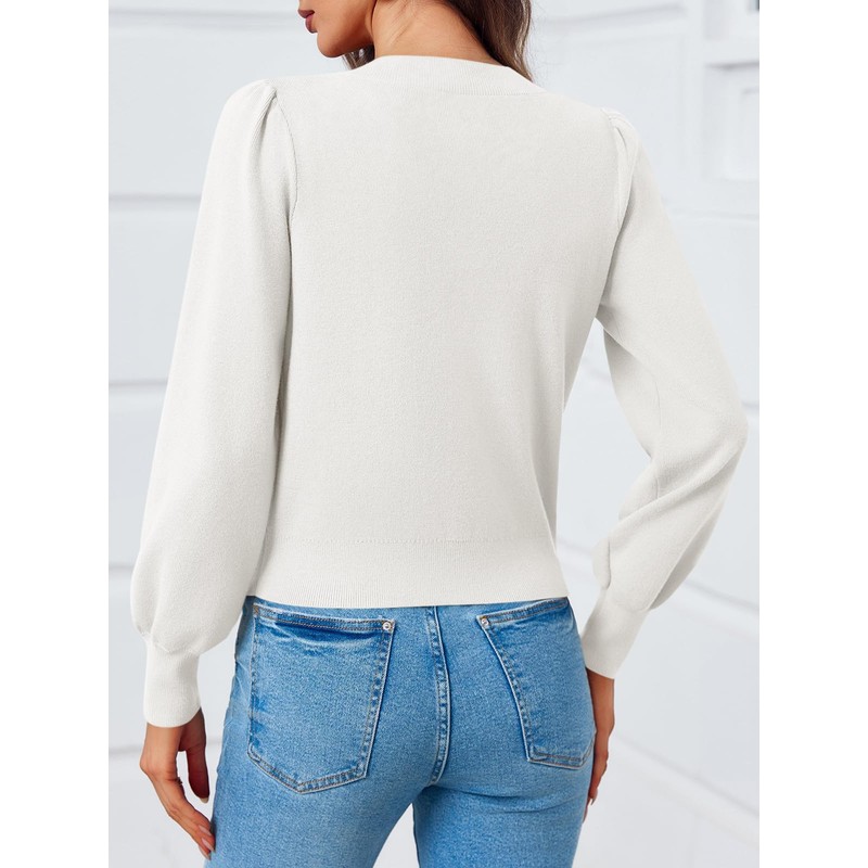 Saodimallsu Womens Puff Long Sleeve Sweaters V Neck Cropped Bow