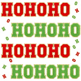 Knitgrip 24 Pcs Self Adhesive Christmas Iron on Patches Ho Ho Ho Christmas Patches Chenille Letter Glitter Red Green Sew on Patches Embroidered Applique Patch for DIY Cloth Christmas Crafts, 2.1 Inch