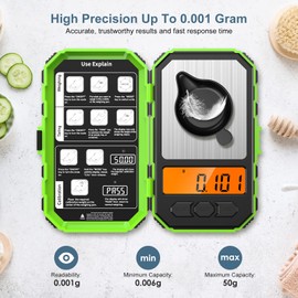 Ankilo Professional Pocket Scales, 50 g/0.001 g, Digital Milligram Scales, High Precision Jewellery Scales in Pocket Size, Kitchen Scales with 20 g Calibration Weight, Green