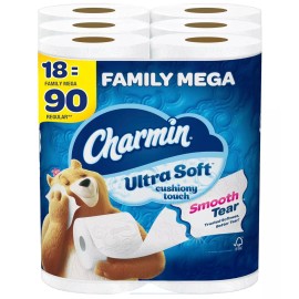 Undisclosed Charmin Toilet Paper Ultra Soft Cushiony Touch, 18 Family Mega Rolls = 90 Regula