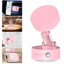 VENINGO Vacuum Suction Magnetic Phone Holder, Foldable and Retractable Double- Sided Cell Phone Stand Mount for Car/Kitchen/Office/Smooth Surface Fit All Smartphones, Pink