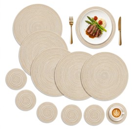 Aiyraa 6-Piece Round Table Placemats & Coaster Set Beige, Cotton Table Mats
