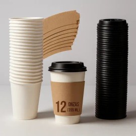 50 Vasos Desechables 12oz Para Café Kit Con Tapas Y Fajillas Color Blanco                                                                             