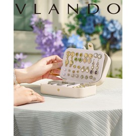 Vlando Travel Jewellery Box, PU Leather Travel Jewellery Organiser for Rings, Necklaces, Bracelets,Earring Organiser,Gifts for Women,White