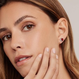 RANDES Ruby Earrings for Women Sterling Silver Red Earrings Gemstone Round Stud Earrings July Birthstone Earrings Mom Wife Birthday Jewelry