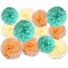 12 Pcs Tissue Pom Poms Decorations, Tissue Paper Flowers Kit for Birthday, Baby Shower, Classroom, Nursery, Graduation, Bridal Shower, Bachelorette Party (Mint Green, Peach, Beige Mixed)