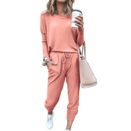 PRETTYGARDEN Women Fall 2 Piece Lounge Outfit Long Sleeve Tops High Waisted Jogger Pants Set Spring Travel Clothes Tracksuit (Pink,Small)