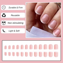 24 Pieces French Tip False Nails - Short Press On Nails Full Cover Nude White Square and Round Shape- Perfect French Nail Art for Women